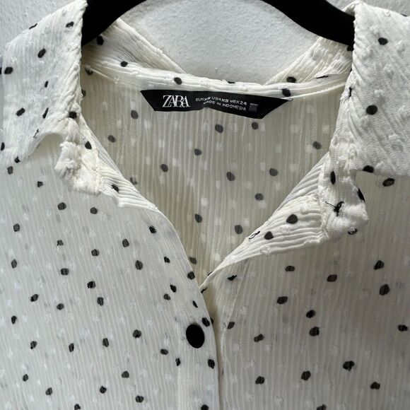 Zara Cream Black Dotted Swiss Long Sleeve 1/2 Button Collared Ruffle Hem Dress - Picture 7 of 14